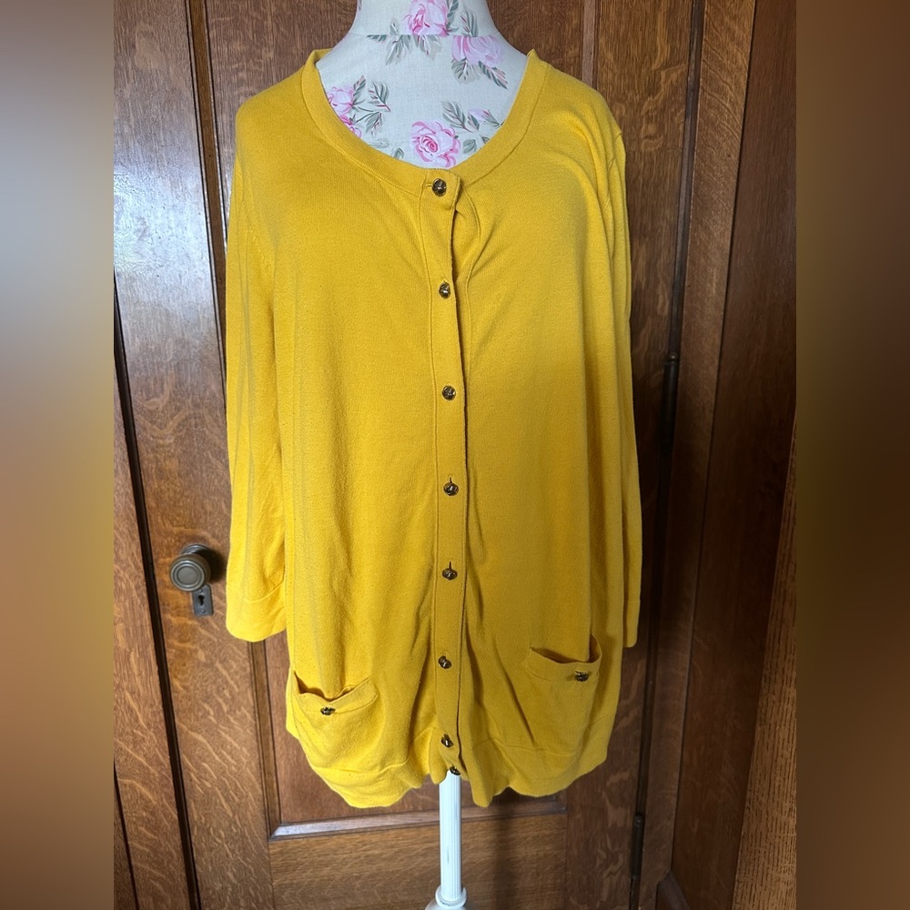 Talbots Canary Yellow Gold Knotted Button Cardigan with Pockets, Size 3X